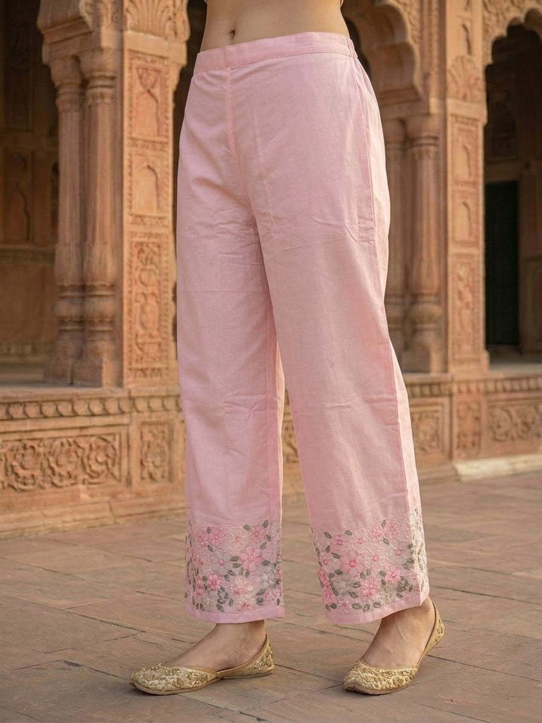 Pink Solid Cotton A-Line Pleated Kurta Set with Floral Embroidery, Sequins & Palazzo
