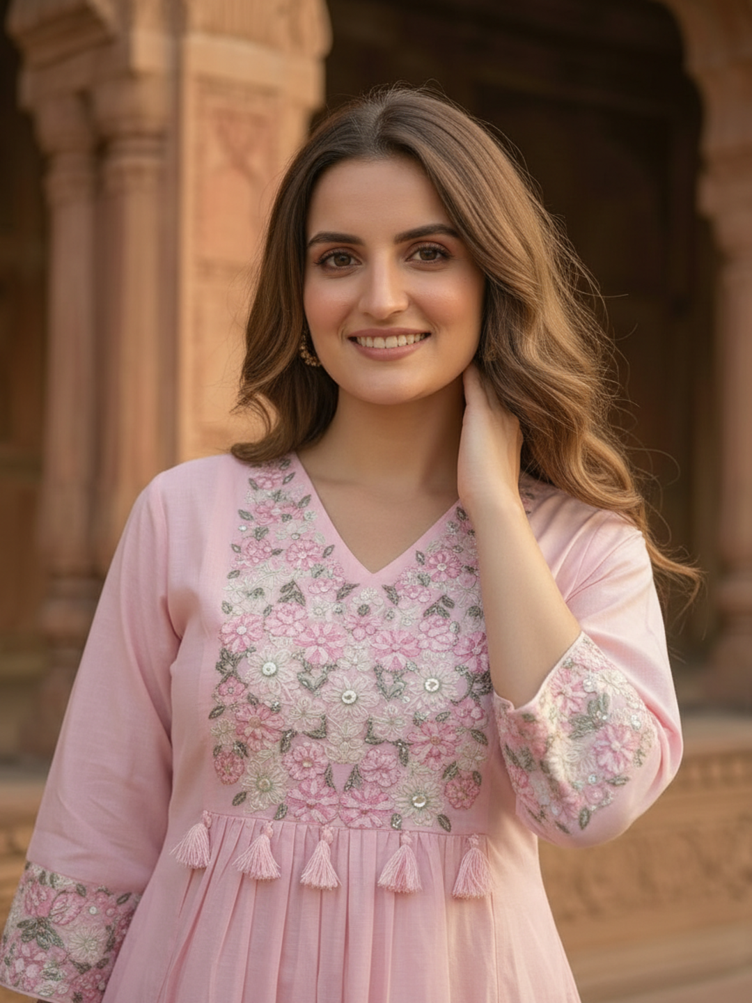 Pink Solid Cotton A-Line Pleated Kurta Set with Floral Embroidery, Sequins & Palazzo