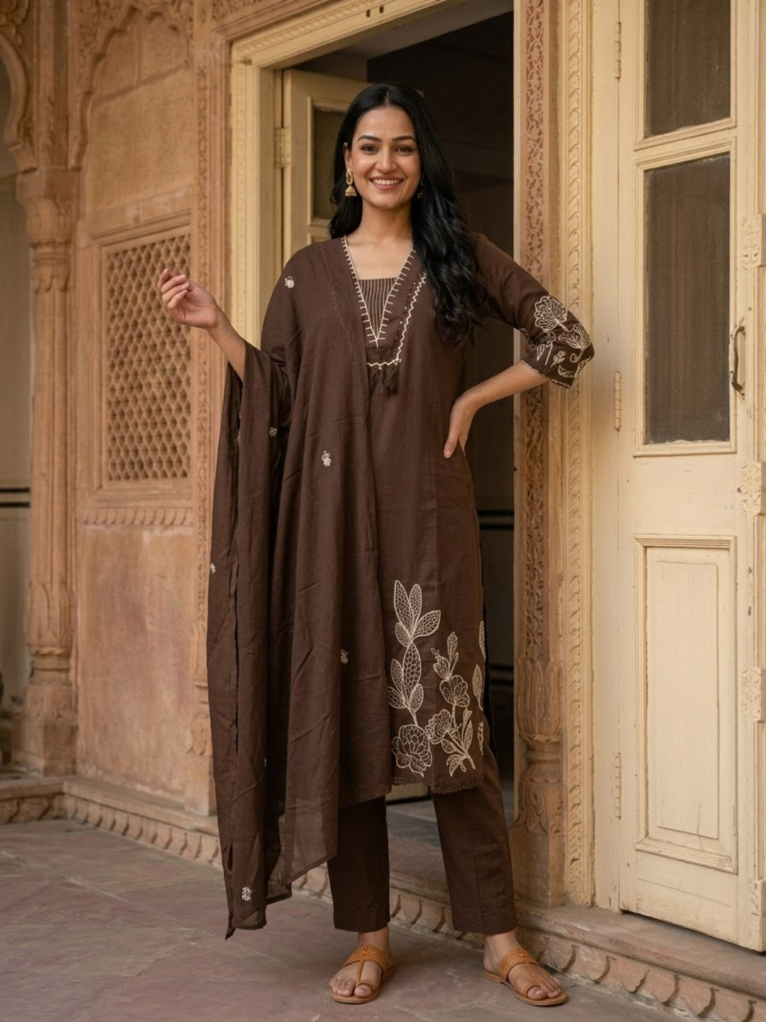 Coffee Brown Solid Cotton Straight Kurta Set with Abstract Embroidery, Palazzo & Dupatta