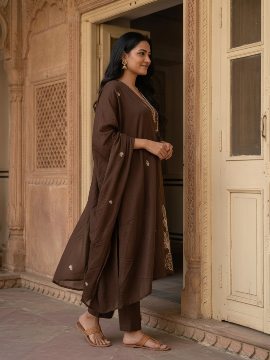 Coffee Brown Solid Cotton Straight Kurta Set with Abstract Embroidery, Palazzo & Dupatta