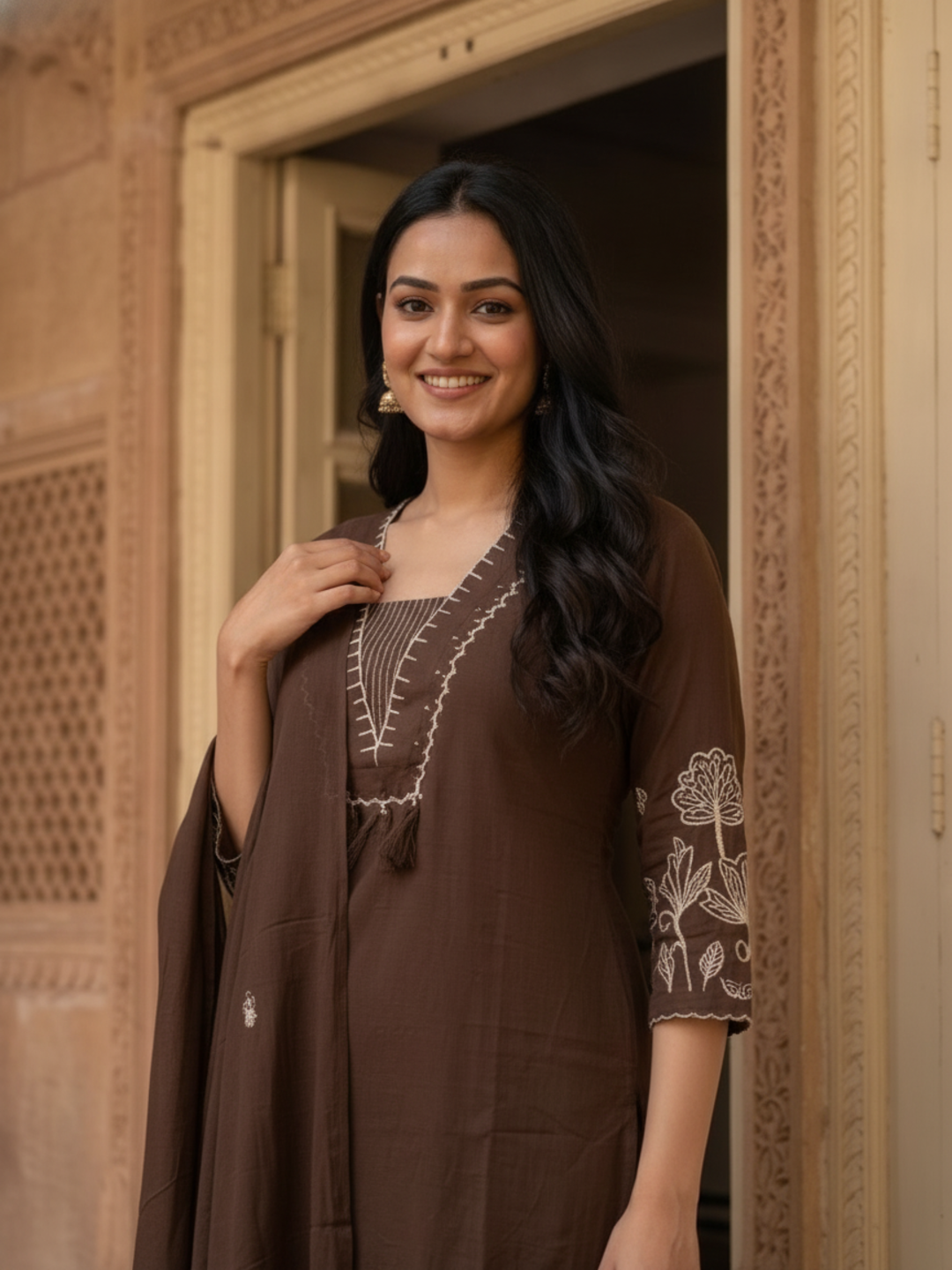 Coffee Brown Solid Cotton Straight Kurta Set with Abstract Embroidery, Palazzo & Dupatta