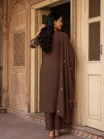 Coffee Brown Solid Cotton Straight Kurta Set with Abstract Embroidery, Palazzo & Dupatta