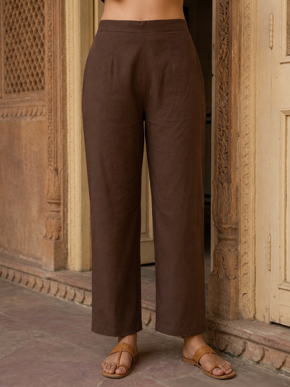 Coffee Brown Solid Cotton Straight Kurta Set with Abstract Embroidery, Palazzo & Dupatta