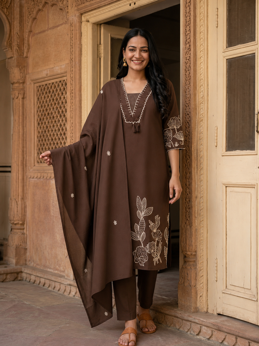 Coffee Brown Solid Cotton Straight Kurta Set with Abstract Embroidery, Palazzo & Dupatta