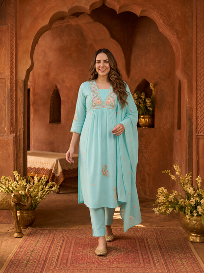 Sky Blue Solid Cotton A-Line Pleated Kurta Set with Embroidered Yoke & Crochet Lace, Pant & Dupatta