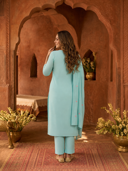 Sky Blue Solid Cotton A-Line Pleated Kurta Set with Embroidered Yoke & Crochet Lace, Pant & Dupatta