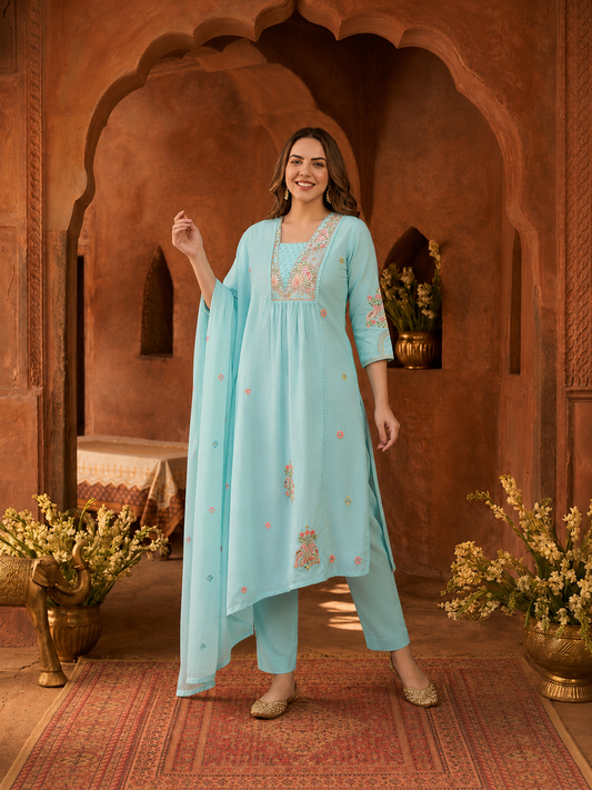 Sky Blue Solid Cotton A-Line Pleated Kurta Set with Embroidered Yoke & Crochet Lace, Pant & Dupatta