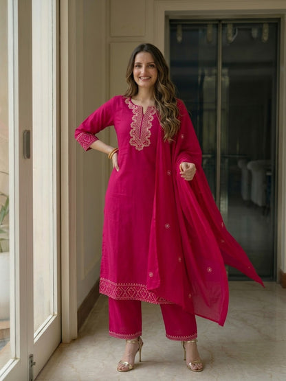 Rani Pink Solid Cotton Straight Kurta Set with Mirror Work & Floral Embroidery, Palazzo & Dupatta