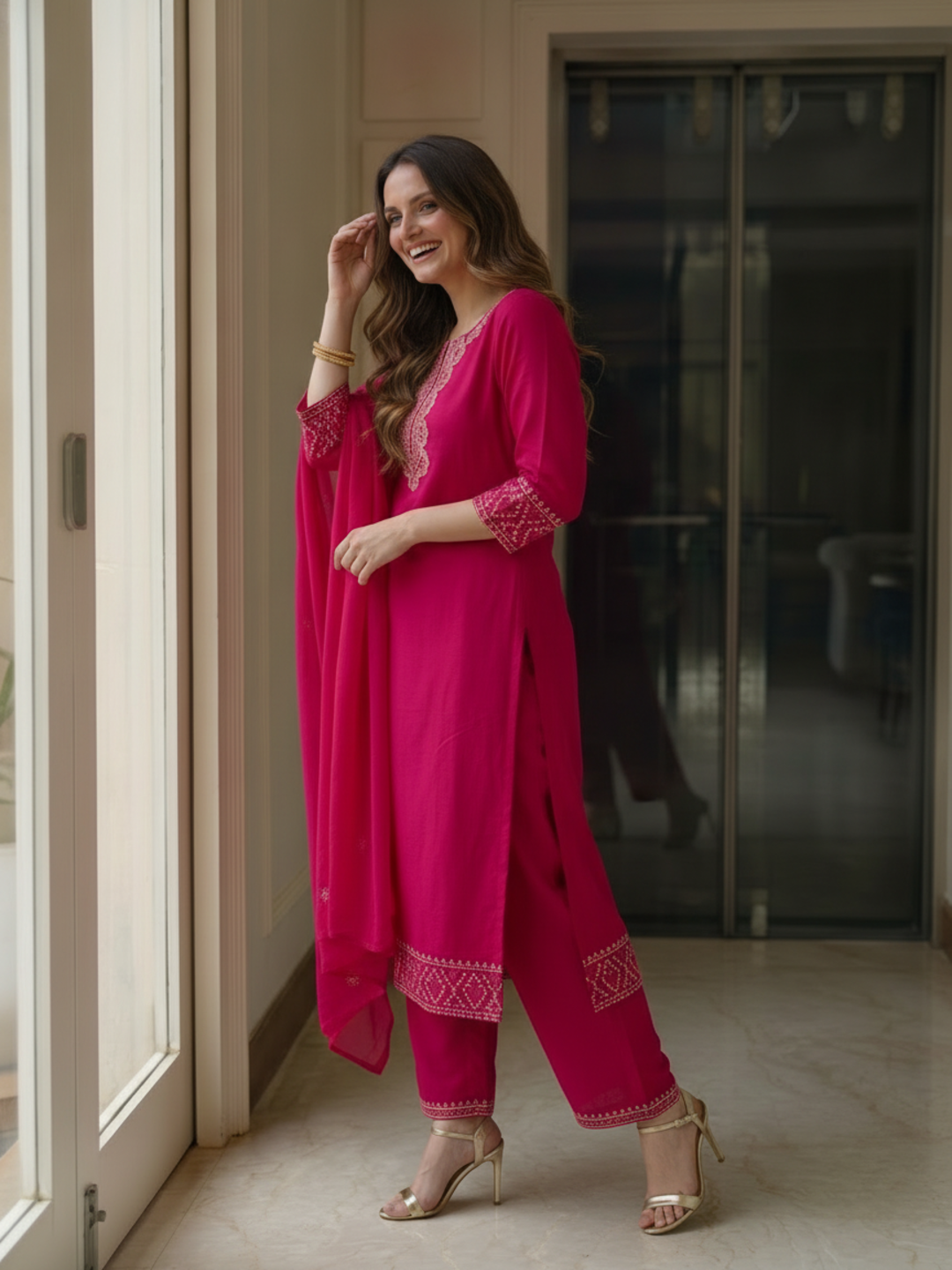 Rani Pink Solid Cotton Straight Kurta Set with Mirror Work & Floral Embroidery, Palazzo & Dupatta