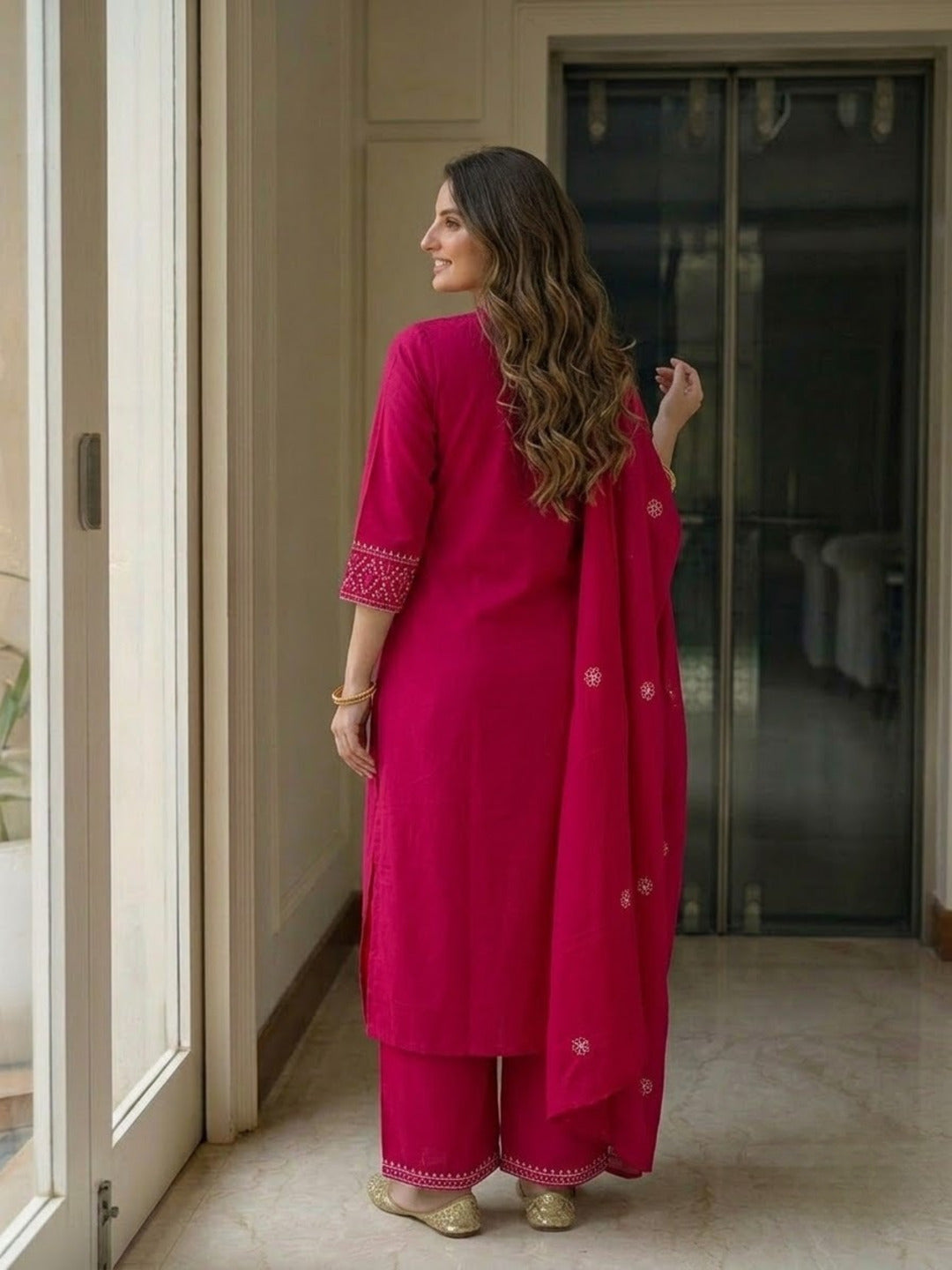 Rani Pink Solid Cotton Straight Kurta Set with Mirror Work & Floral Embroidery, Palazzo & Dupatta