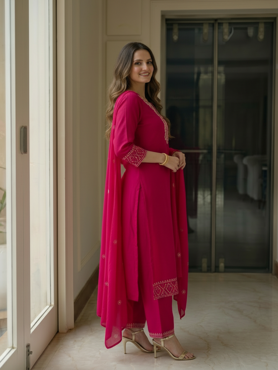 Rani Pink Solid Cotton Straight Kurta Set with Mirror Work & Floral Embroidery, Palazzo & Dupatta