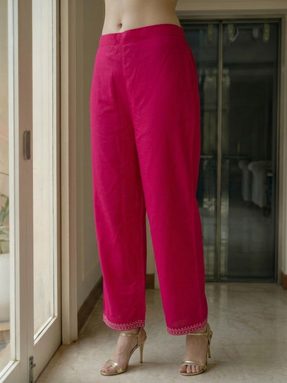 Rani Pink Solid Cotton Straight Kurta Set with Mirror Work & Floral Embroidery, Palazzo & Dupatta