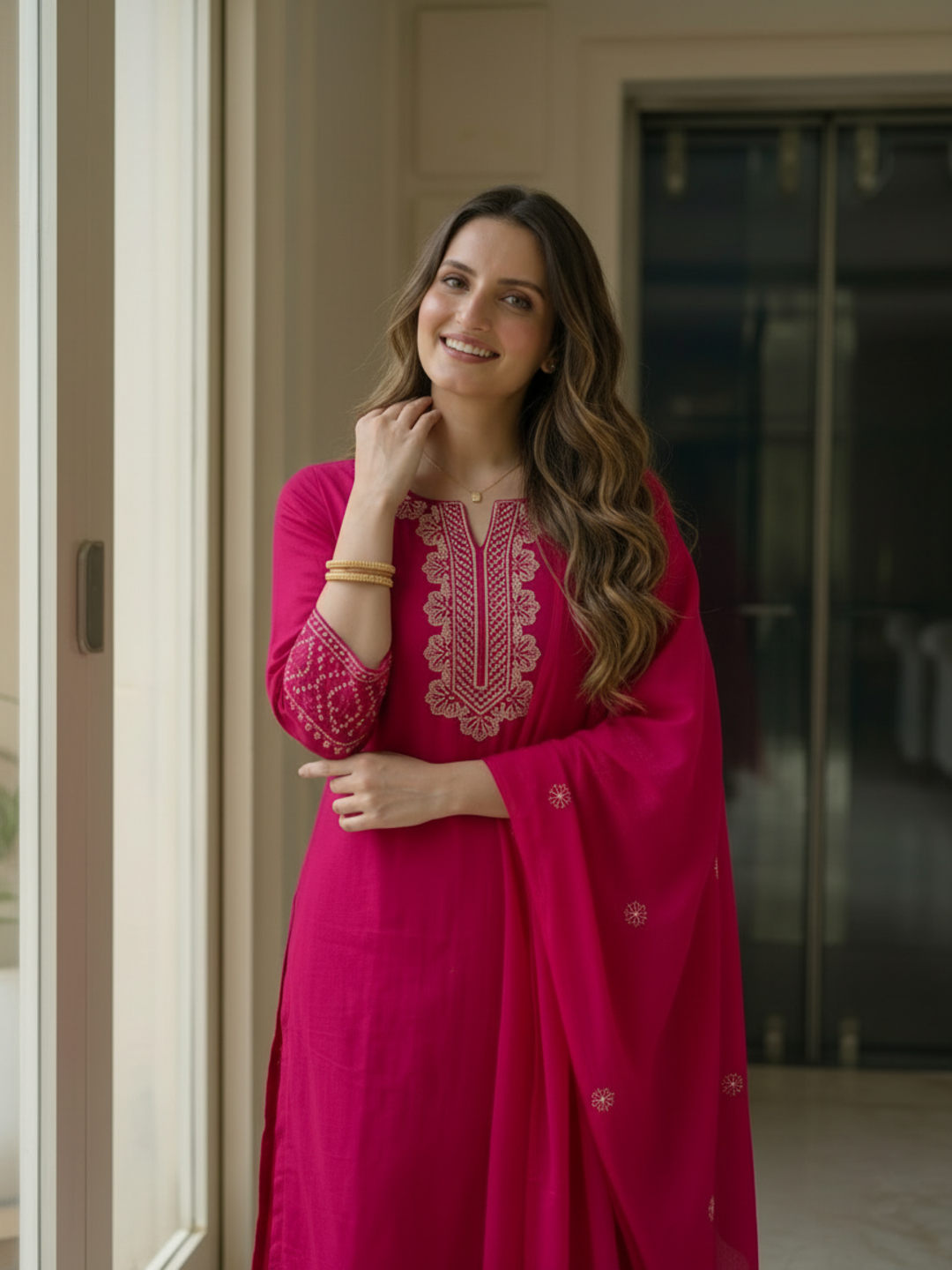 Rani Pink Solid Cotton Straight Kurta Set with Mirror Work & Floral Embroidery, Palazzo & Dupatta