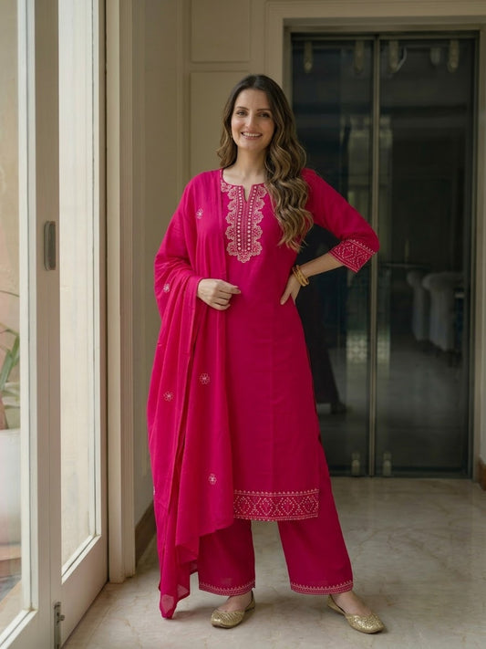Rani Pink Solid Cotton Straight Kurta Set with Mirror Work & Floral Embroidery, Palazzo & Dupatta
