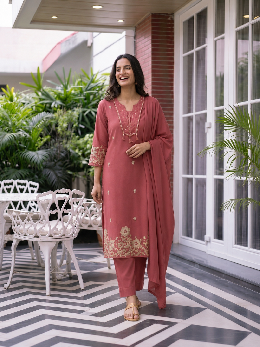 Dusty Rose Solid Cotton A-Line Kurta Set with Mirror Work, Pant & Embroidered Dupatta