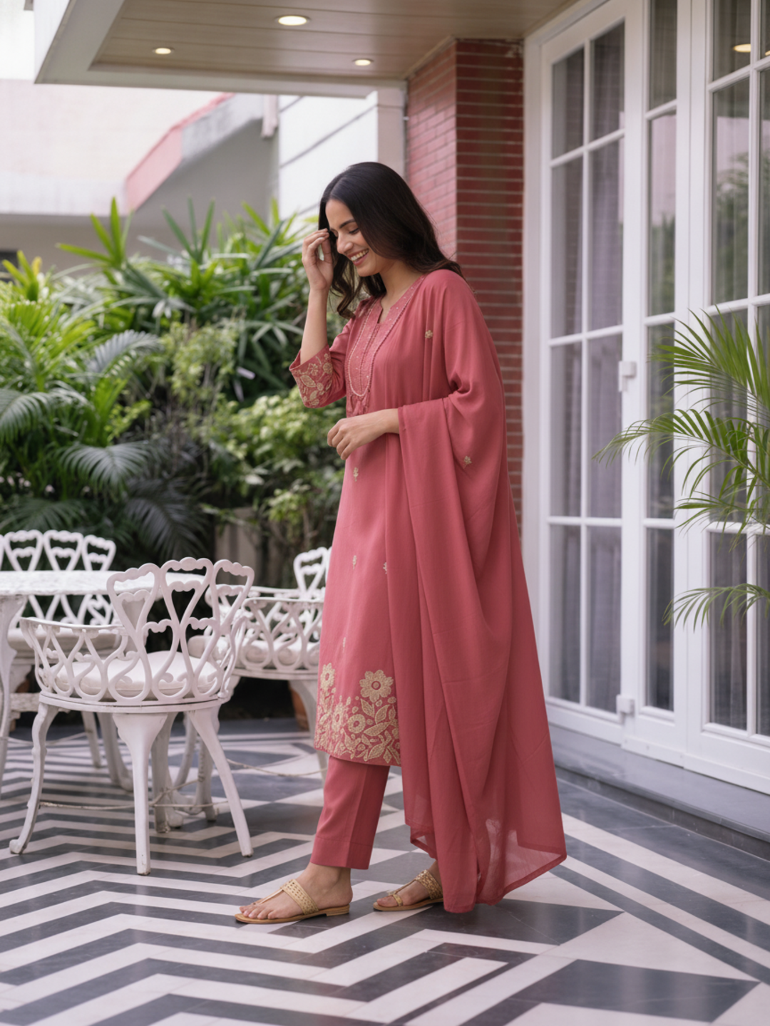 Dusty Rose Solid Cotton A-Line Kurta Set with Mirror Work, Pant & Embroidered Dupatta