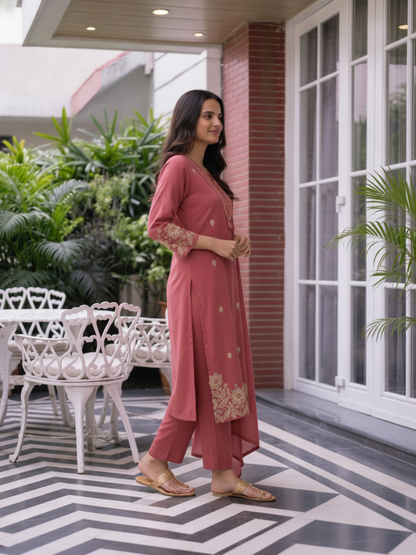 Dusty Rose Solid Cotton A-Line Kurta Set with Mirror Work, Pant & Embroidered Dupatta