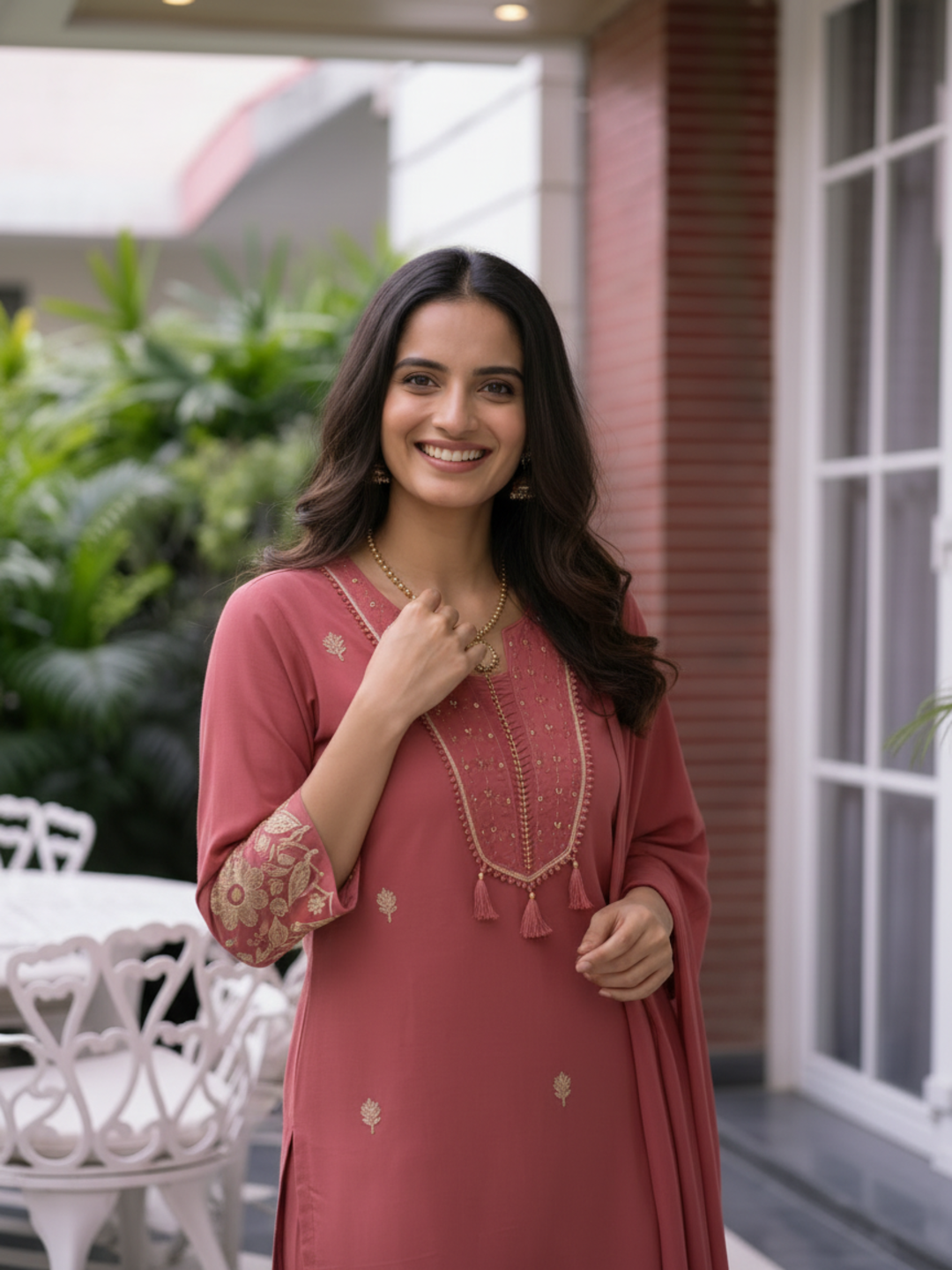Dusty Rose Solid Cotton A-Line Kurta Set with Mirror Work, Pant & Embroidered Dupatta