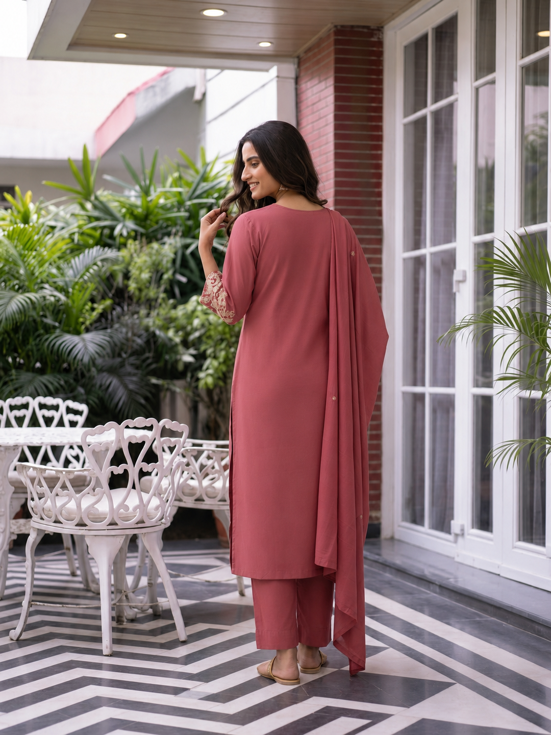 Dusty Rose Solid Cotton A-Line Kurta Set with Mirror Work, Pant & Embroidered Dupatta