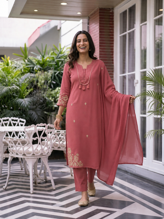 Dusty Rose Solid Cotton A-Line Kurta Set with Mirror Work, Pant & Embroidered Dupatta