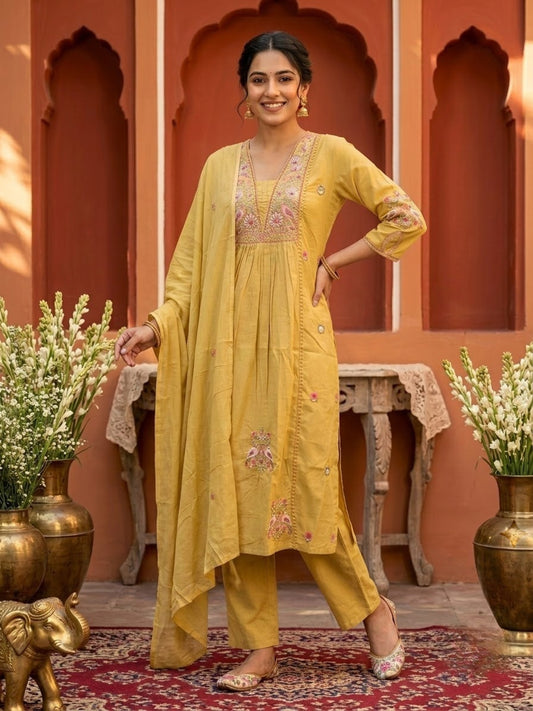 Yellow Solid Cotton A-Line Pleated Kurta Set with Embroidered Yoke & Crochet Lace, Pant & Dupatta