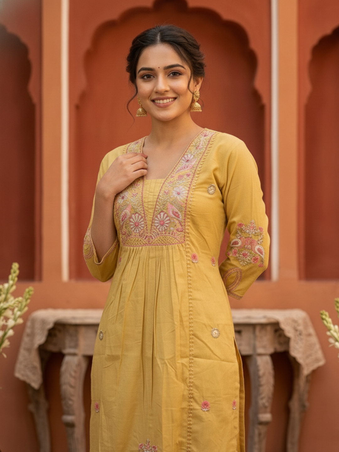 Yellow Solid Cotton A-Line Pleated Kurta Set with Embroidered Yoke & Crochet Lace, Pant & Dupatta