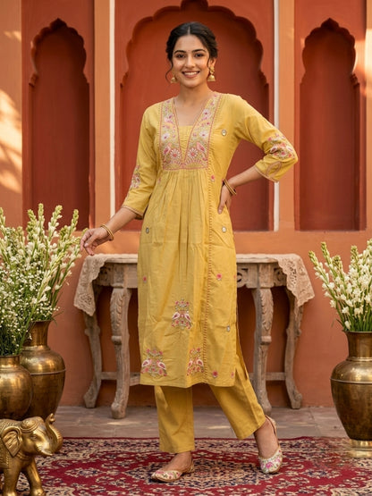 Yellow Solid Cotton A-Line Pleated Kurta Set with Embroidered Yoke & Crochet Lace, Pant & Dupatta