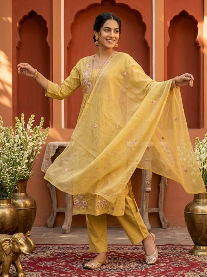 Yellow Solid Cotton A-Line Pleated Kurta Set with Embroidered Yoke & Crochet Lace, Pant & Dupatta