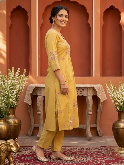 Yellow Solid Cotton A-Line Pleated Kurta Set with Embroidered Yoke & Crochet Lace, Pant & Dupatta