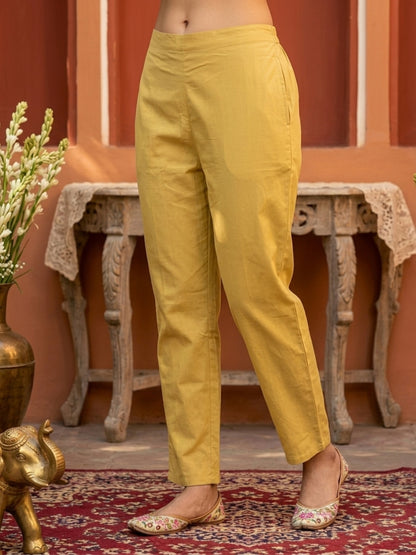 Yellow Solid Cotton A-Line Pleated Kurta Set with Embroidered Yoke & Crochet Lace, Pant & Dupatta