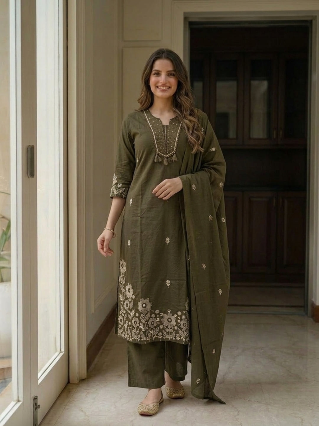 Olive Green Solid Cotton A-Line Kurta Set with Mirror Work, Trouser & Embroidered Dupatta