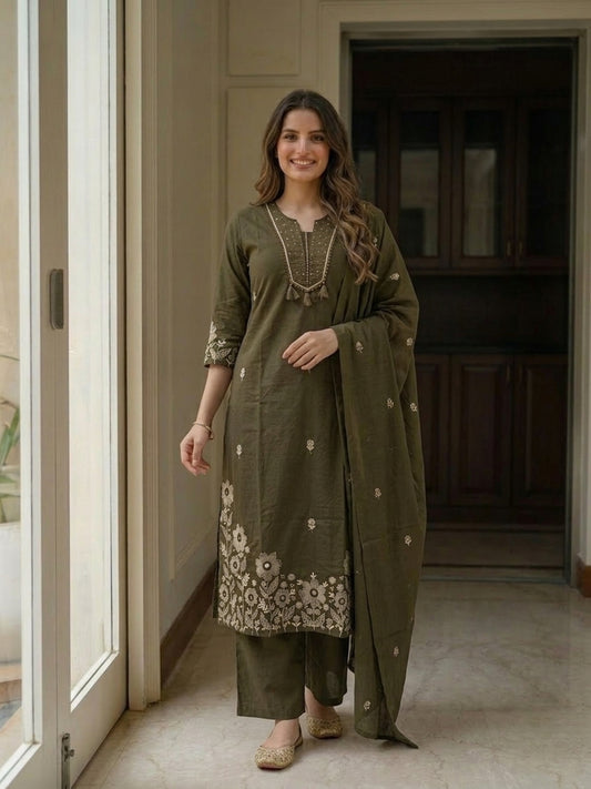 Olive Green Solid Cotton A-Line Kurta Set with Mirror Work, Trouser & Embroidered Dupatta