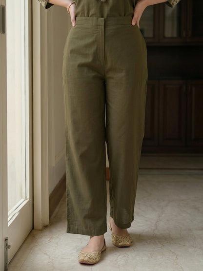 Olive Green Solid Cotton A-Line Kurta Set with Mirror Work, Trouser & Embroidered Dupatta