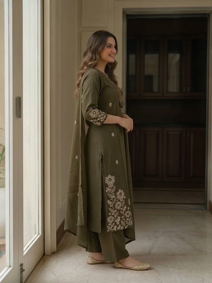 Olive Green Solid Cotton A-Line Kurta Set with Mirror Work, Trouser & Embroidered Dupatta