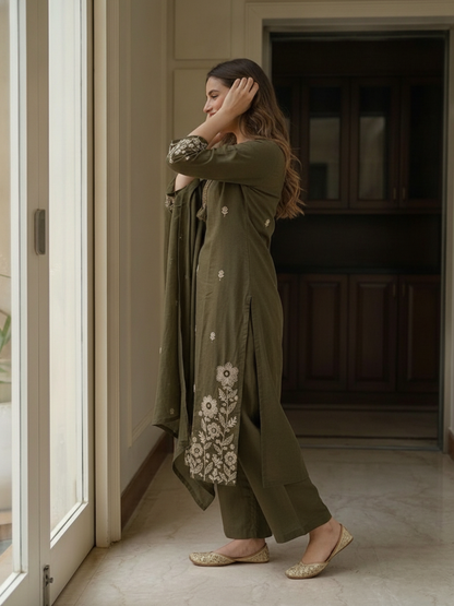 Olive Green Solid Cotton A-Line Kurta Set with Mirror Work, Trouser & Embroidered Dupatta