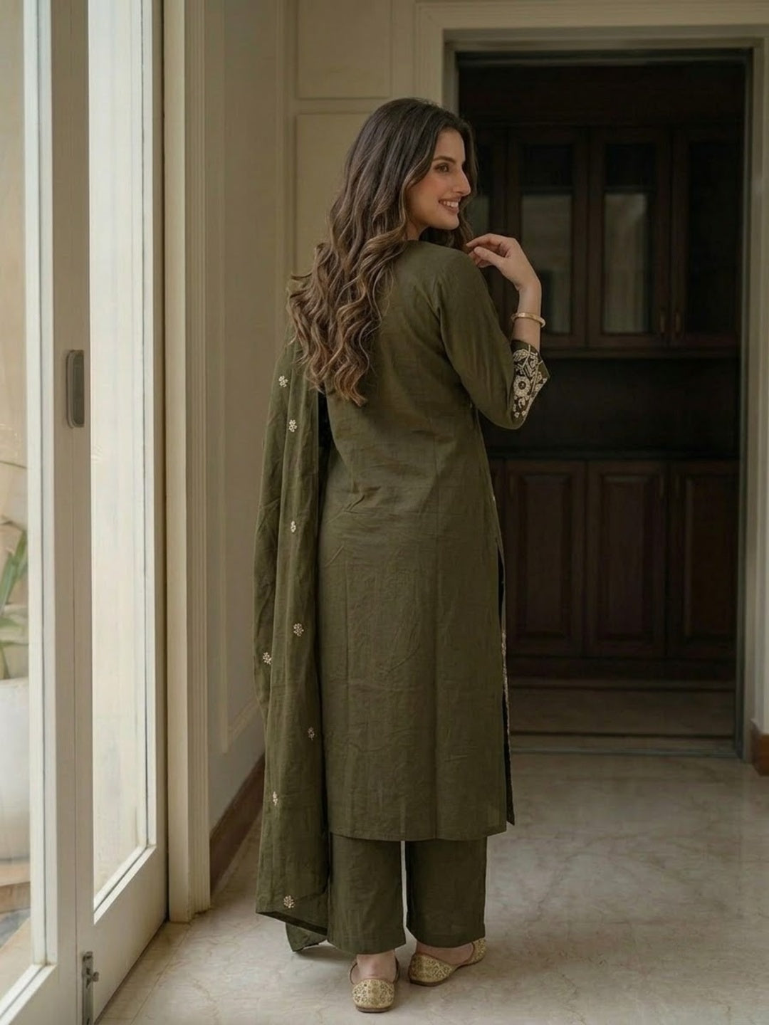 Olive Green Solid Cotton A-Line Kurta Set with Mirror Work, Trouser & Embroidered Dupatta