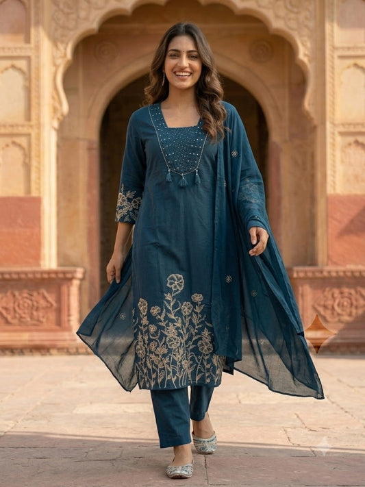 Navy Blue Solid Cotton A-Line Kurta Set with Floral Thread & Bead Embroidery, Pant & Dupatta
