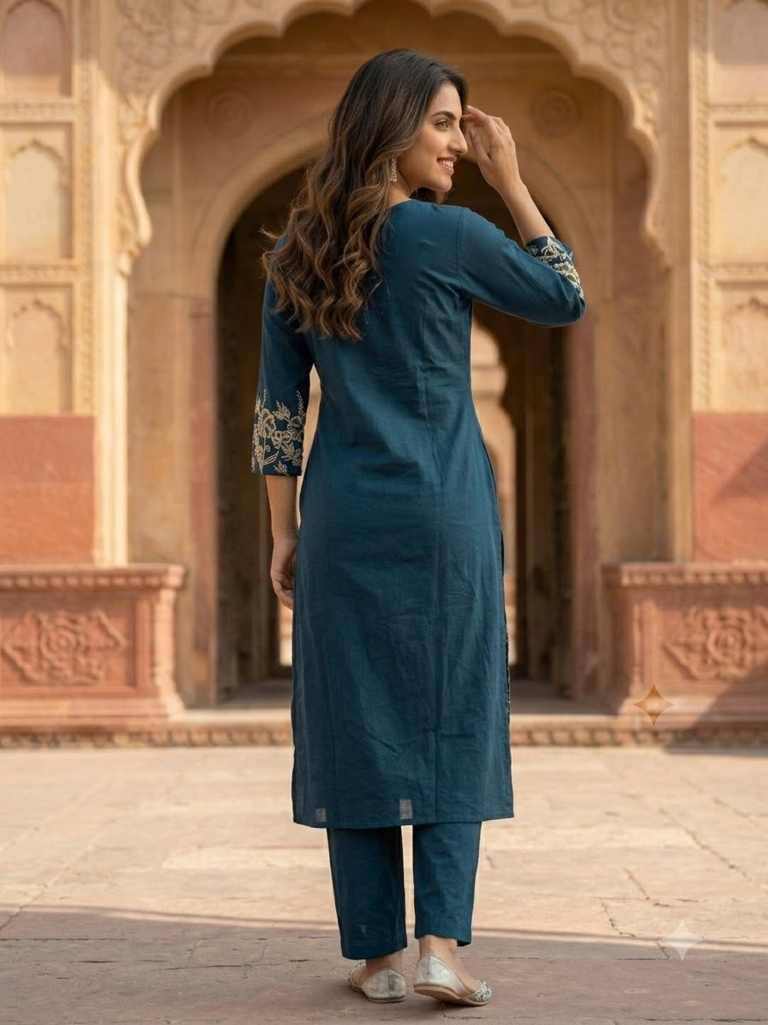 Navy Blue Solid Cotton A-Line Kurta Set with Floral Thread & Bead Embroidery, Pant & Dupatta