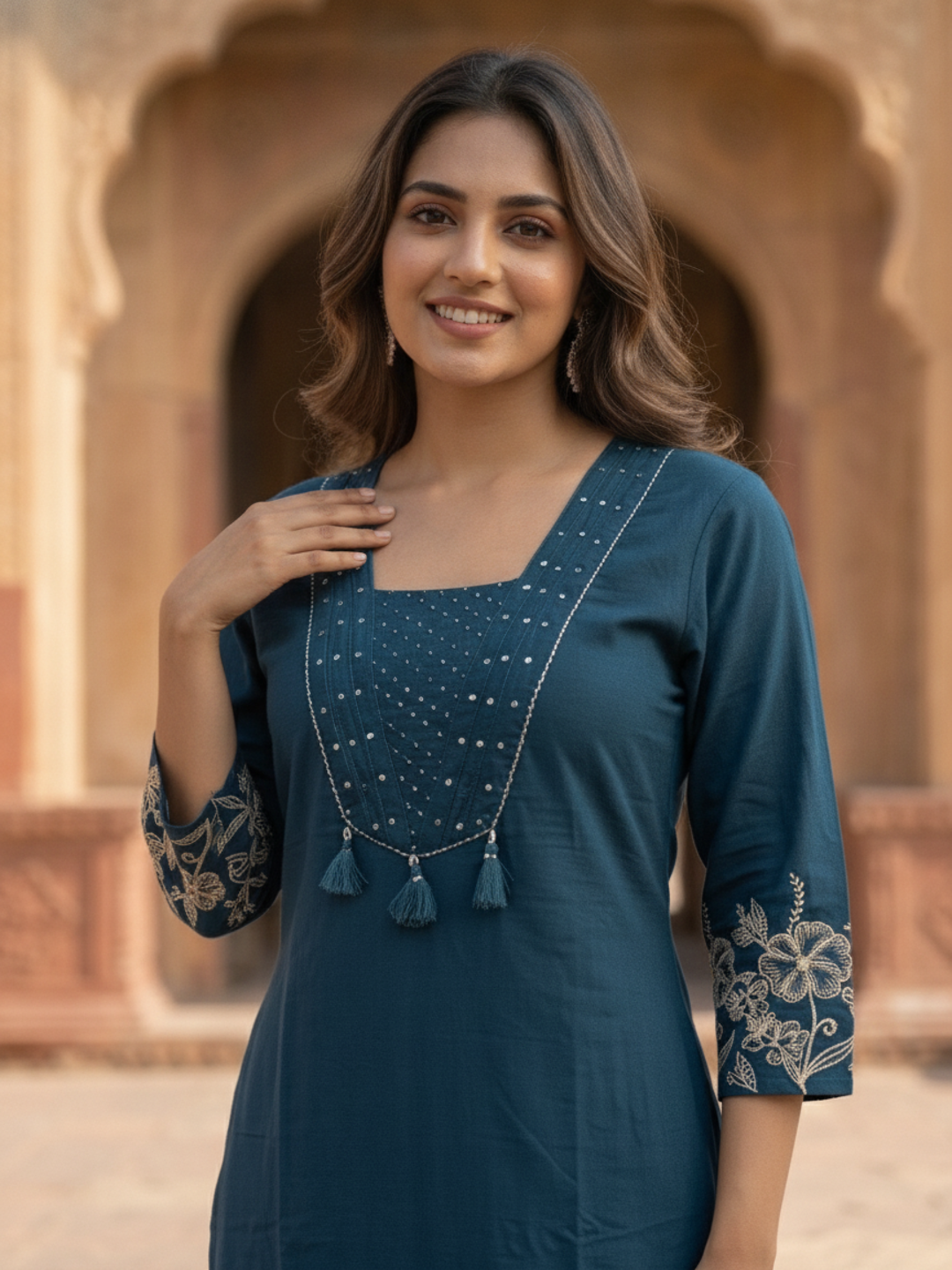 Navy Blue Solid Cotton A-Line Kurta Set with Floral Thread & Bead Embroidery, Pant & Dupatta