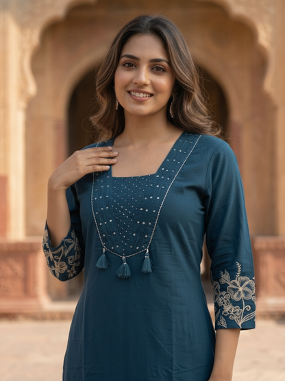 Navy Blue Solid Cotton A-Line Kurta Set with Floral Thread & Bead Embroidery, Pant & Dupatta