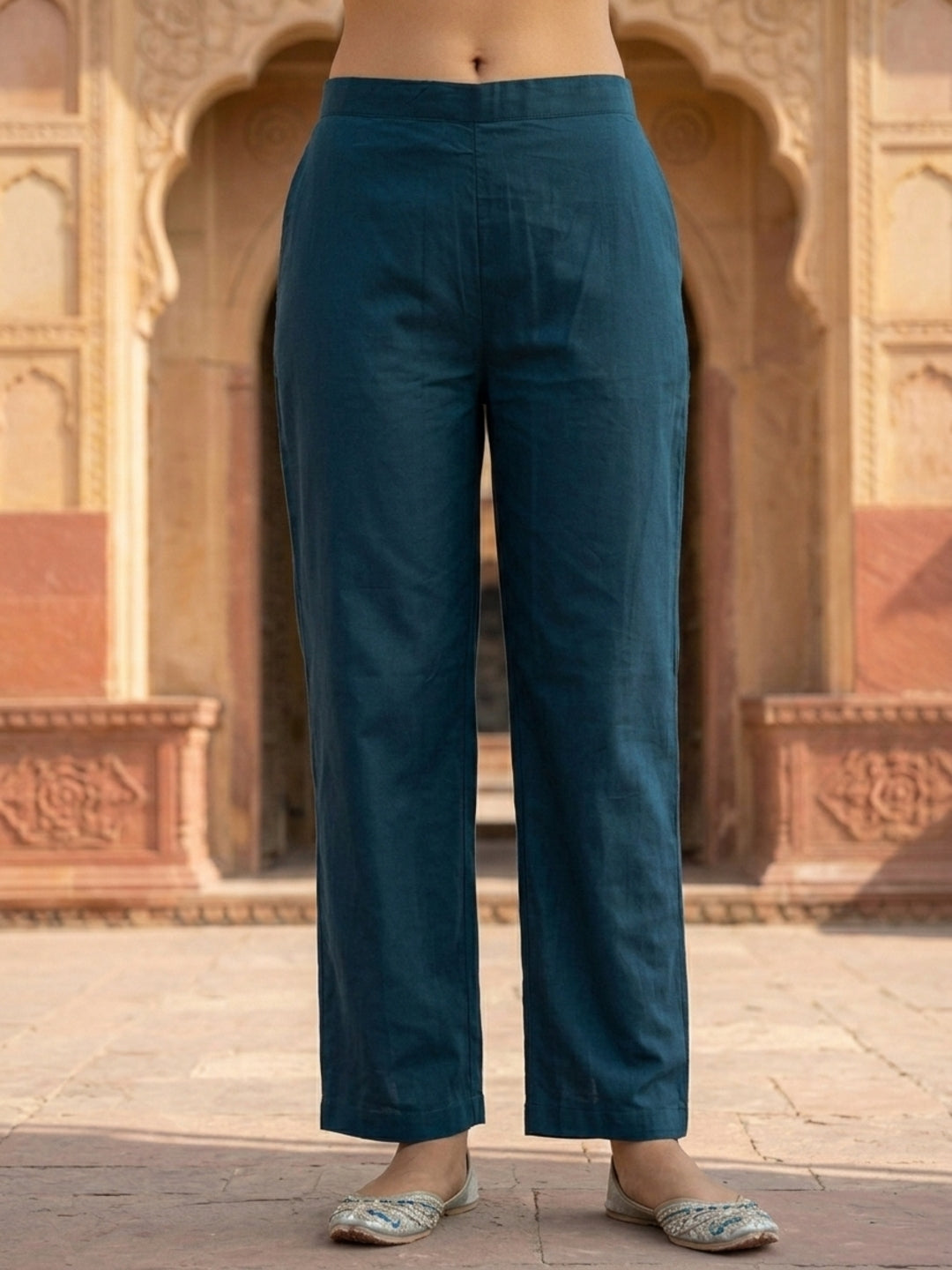 Navy Blue Solid Cotton A-Line Kurta Set with Floral Thread & Bead Embroidery, Pant & Dupatta