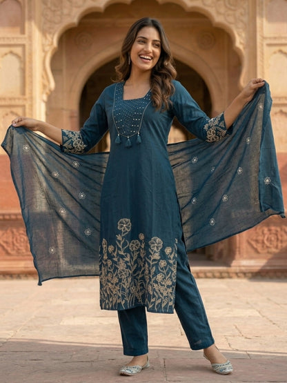 Navy Blue Solid Cotton A-Line Kurta Set with Floral Thread & Bead Embroidery, Pant & Dupatta