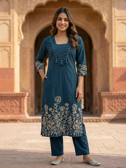 Navy Blue Solid Cotton A-Line Kurta Set with Floral Thread & Bead Embroidery, Pant & Dupatta