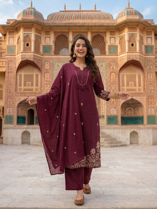Burgundy Solid Cotton A-Line Kurta Set with Floral Embroidery, Pant & Dupatta
