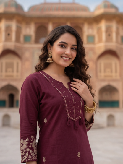 Burgundy Solid Cotton A-Line Kurta Set with Floral Embroidery, Pant & Dupatta