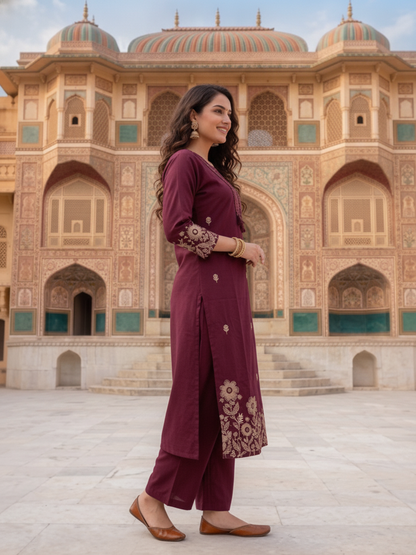 Burgundy Solid Cotton A-Line Kurta Set with Floral Embroidery, Pant & Dupatta