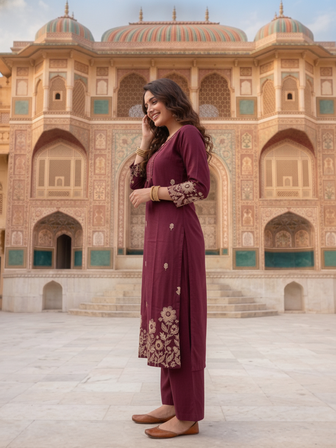 Burgundy Solid Cotton A-Line Kurta Set with Floral Embroidery, Pant & Dupatta
