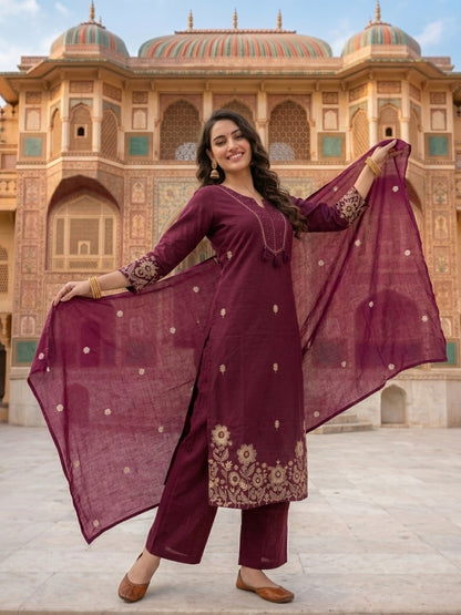 Burgundy Solid Cotton A-Line Kurta Set with Floral Embroidery, Pant & Dupatta