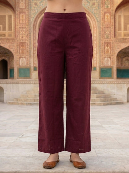 Burgundy Solid Cotton A-Line Kurta Set with Floral Embroidery, Pant & Dupatta