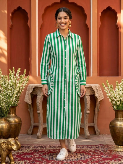 Green & White Striped Cotton Blend Straight Kurta with Shirt Collar & Side Tie-Up